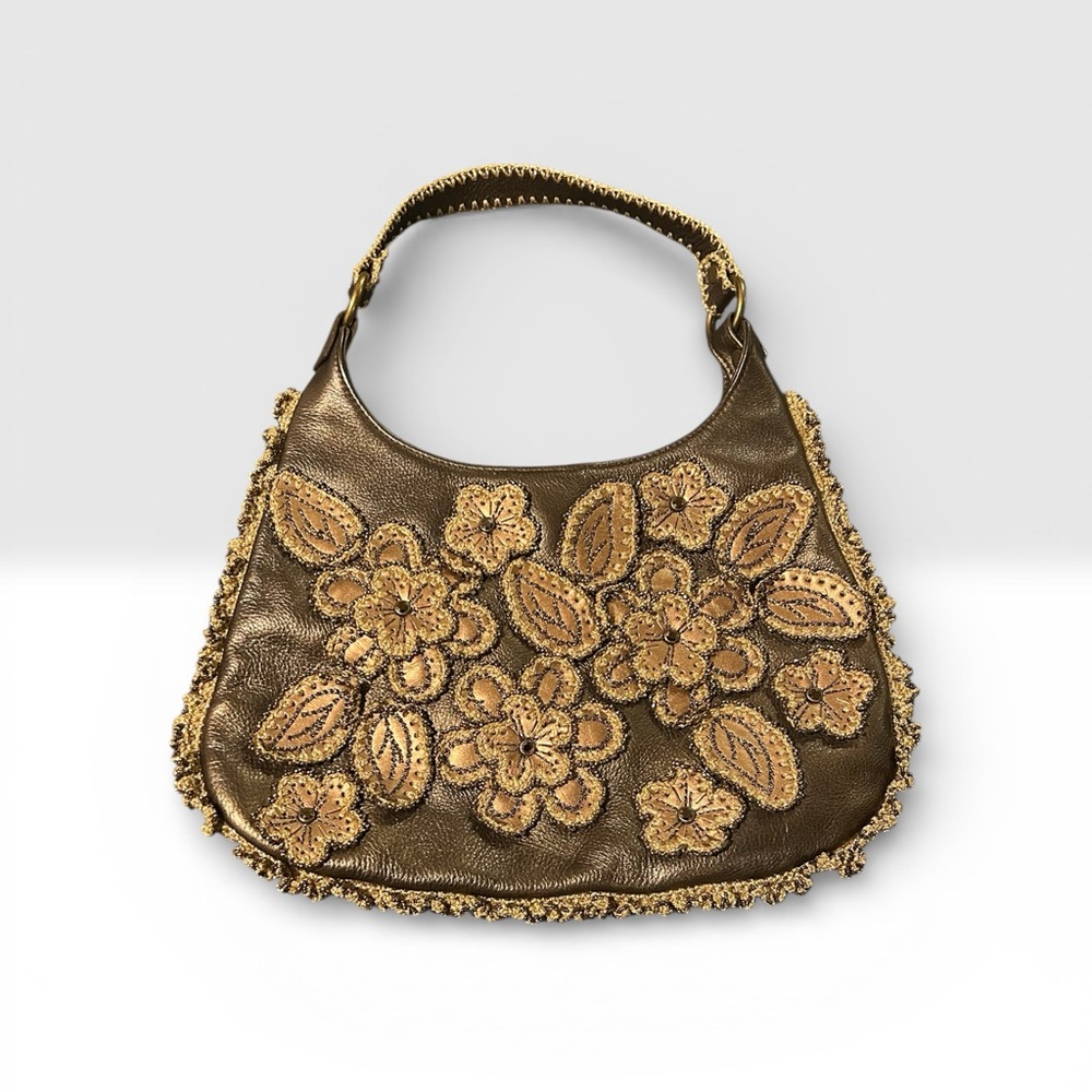 Vintage Rare Isabella Fiore Gold Leather Satchel Shoulder Bag  with Beaded Trim